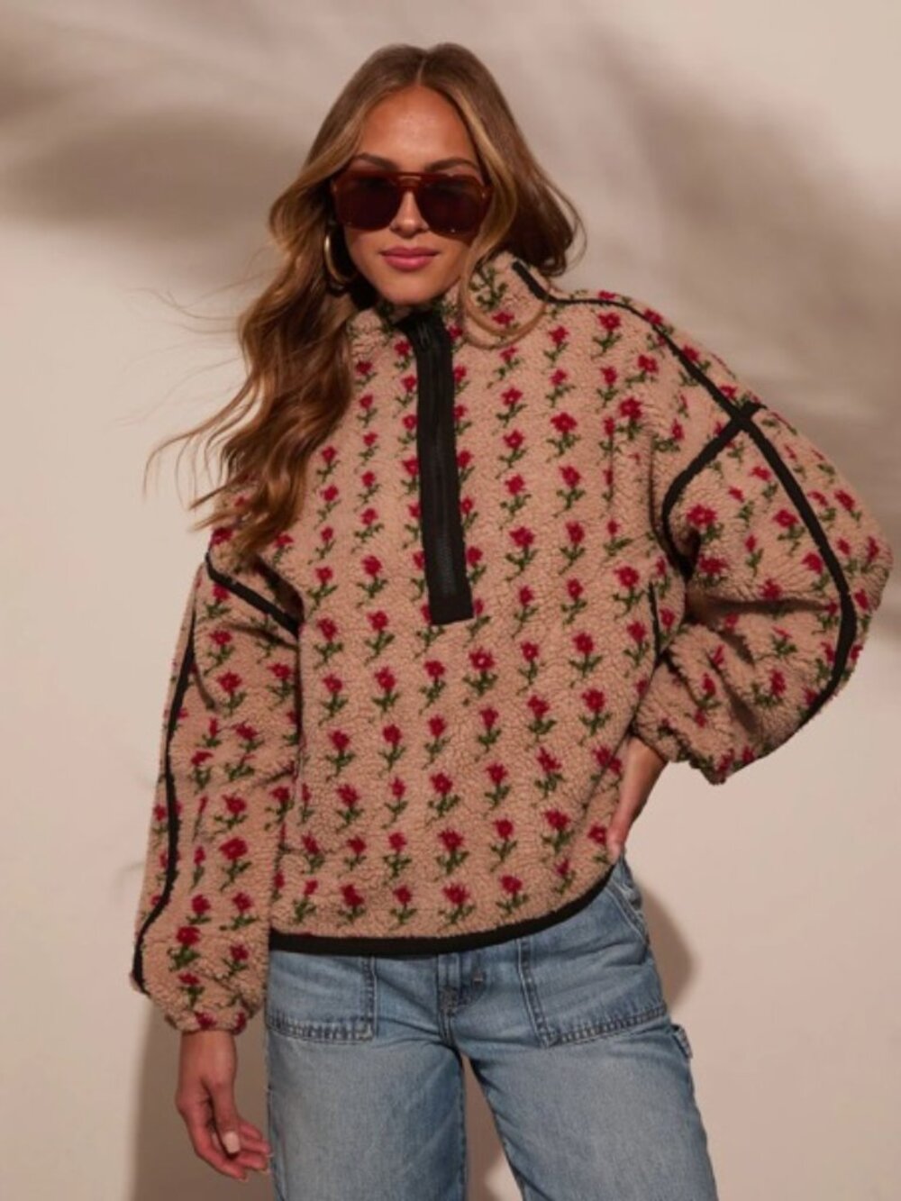 Vici Beige Sherpa Pullover with Red Rose Motif
